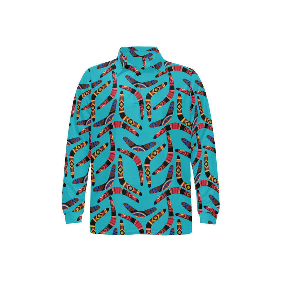 Boomerang Australian aboriginal ornament blue back Men's Long Sleeve Polo Shirt