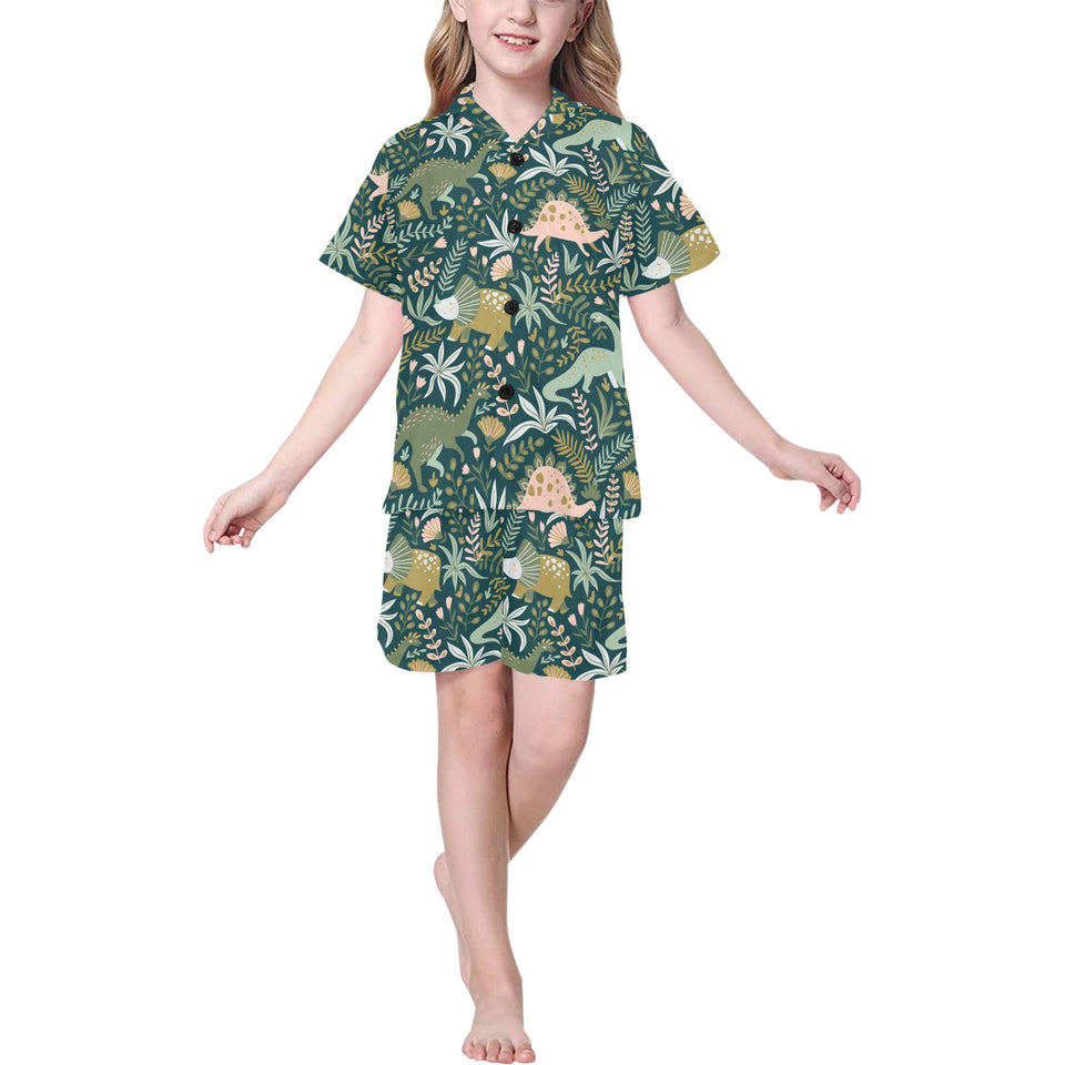dinosaurs tropical leaves flower pattern Kids' Boys' Girls' V-Neck Short Pajama Set