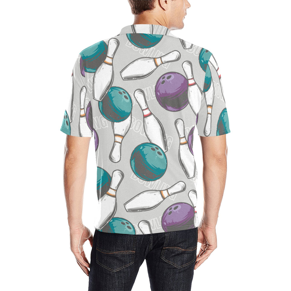 Bowling ball and pin gray background Men's All Over Print Polo Shirt