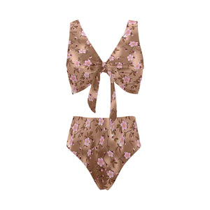 Pink sakura cherry blossom drak brown background Chest Bowknot High Waisted Bikini Swimsuit