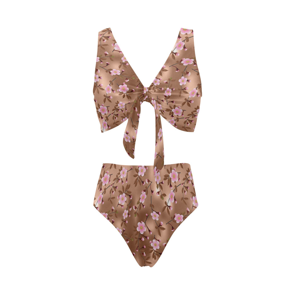 Pink sakura cherry blossom drak brown background Chest Bowknot High Waisted Bikini Swimsuit