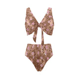 Pink sakura cherry blossom drak brown background Chest Bowknot High Waisted Bikini Swimsuit