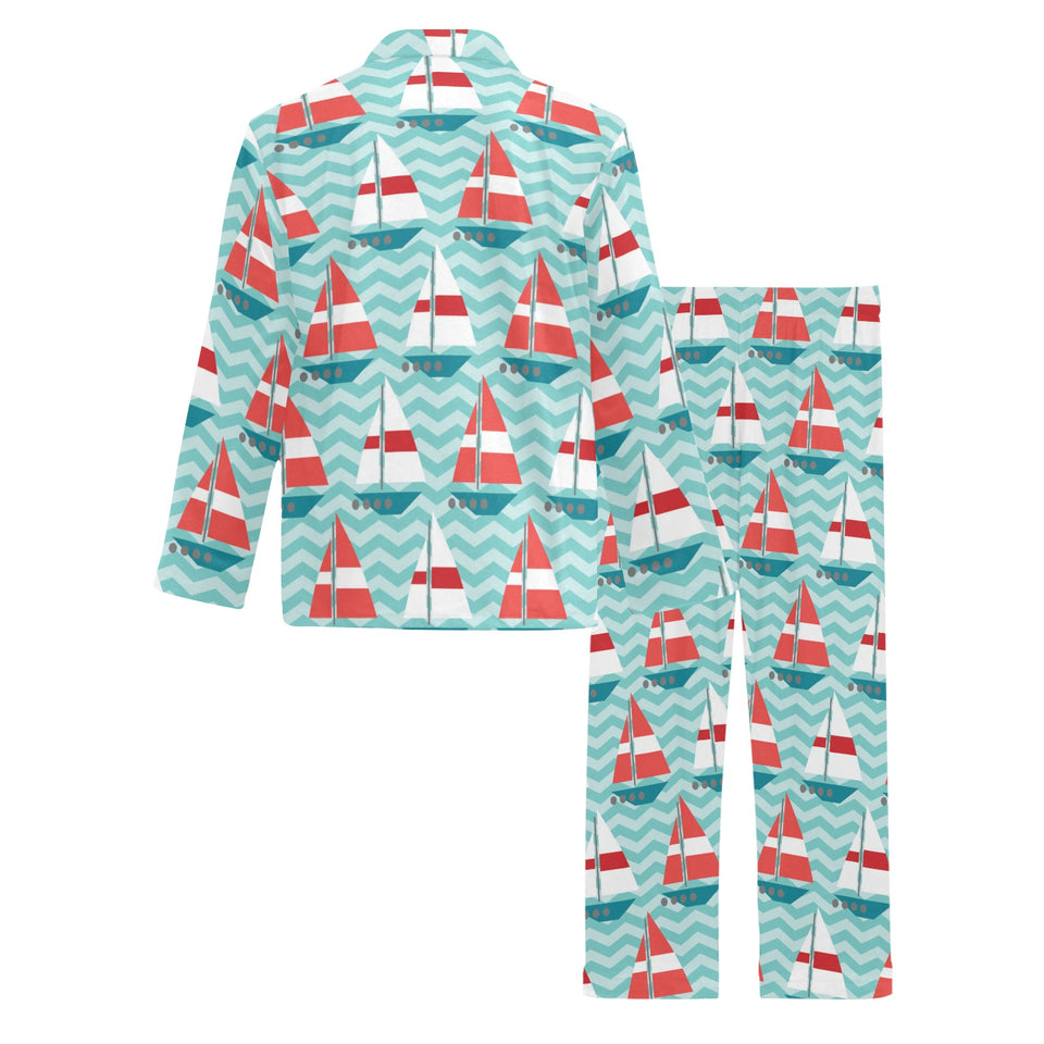 Red White sailboat wave background Men's Long Pajama Set