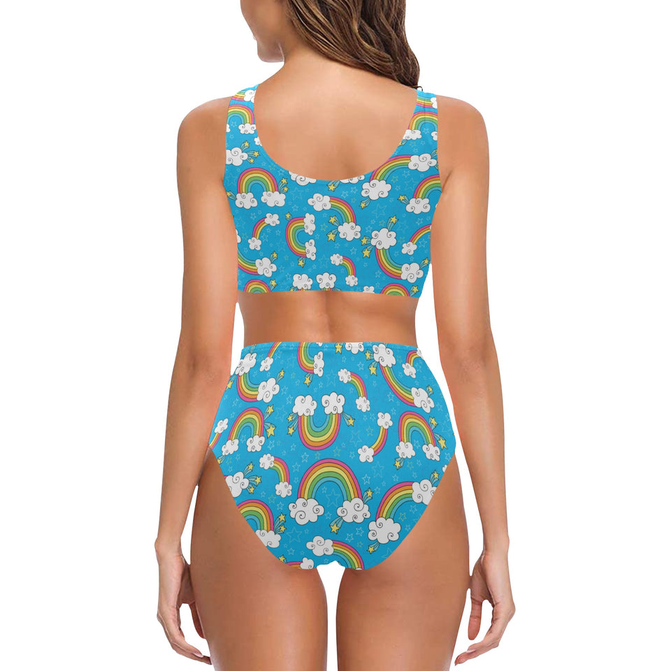 Rainbows Sky Clouds Pattern Chest Bowknot High Waisted Bikini Swimsuit