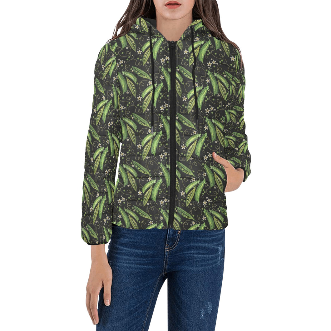 Green Peas Pattern Print Design 02 Women's Padded Hooded Jacket