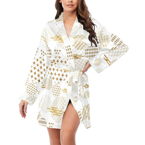 Beautiful gold japanese pattern Women's Long Sleeve Belted Night Robe