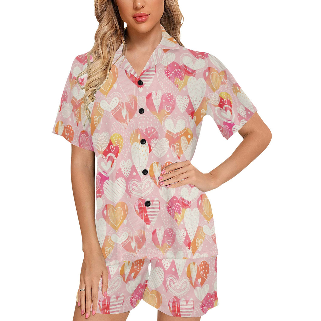 Hand drawn heart design pattern Women's V-Neck Short Pajama Set