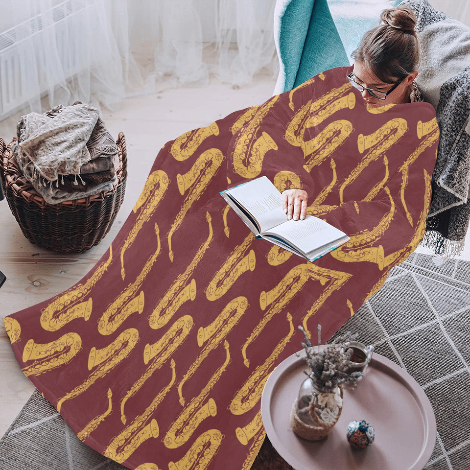 Hand drawn gold saxophone red background Blanket Robe with Sleeves