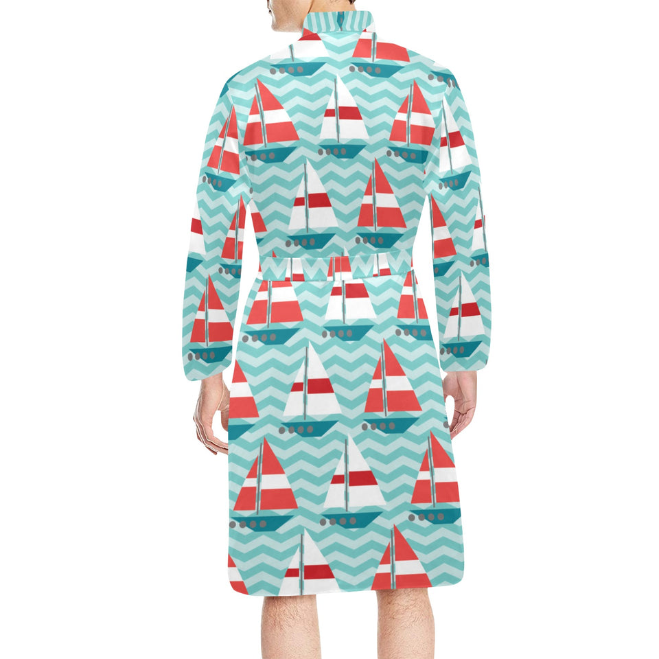 Red White sailboat wave background Men's Long Sleeve Belted Night Robe