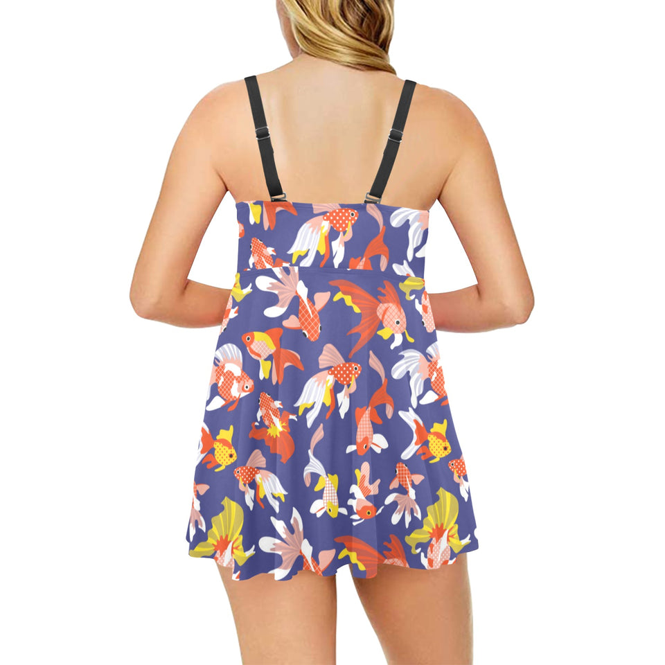 Goldfish Pattern Print Design 04 Chest Sexy Pleated Two Piece Swim Dress