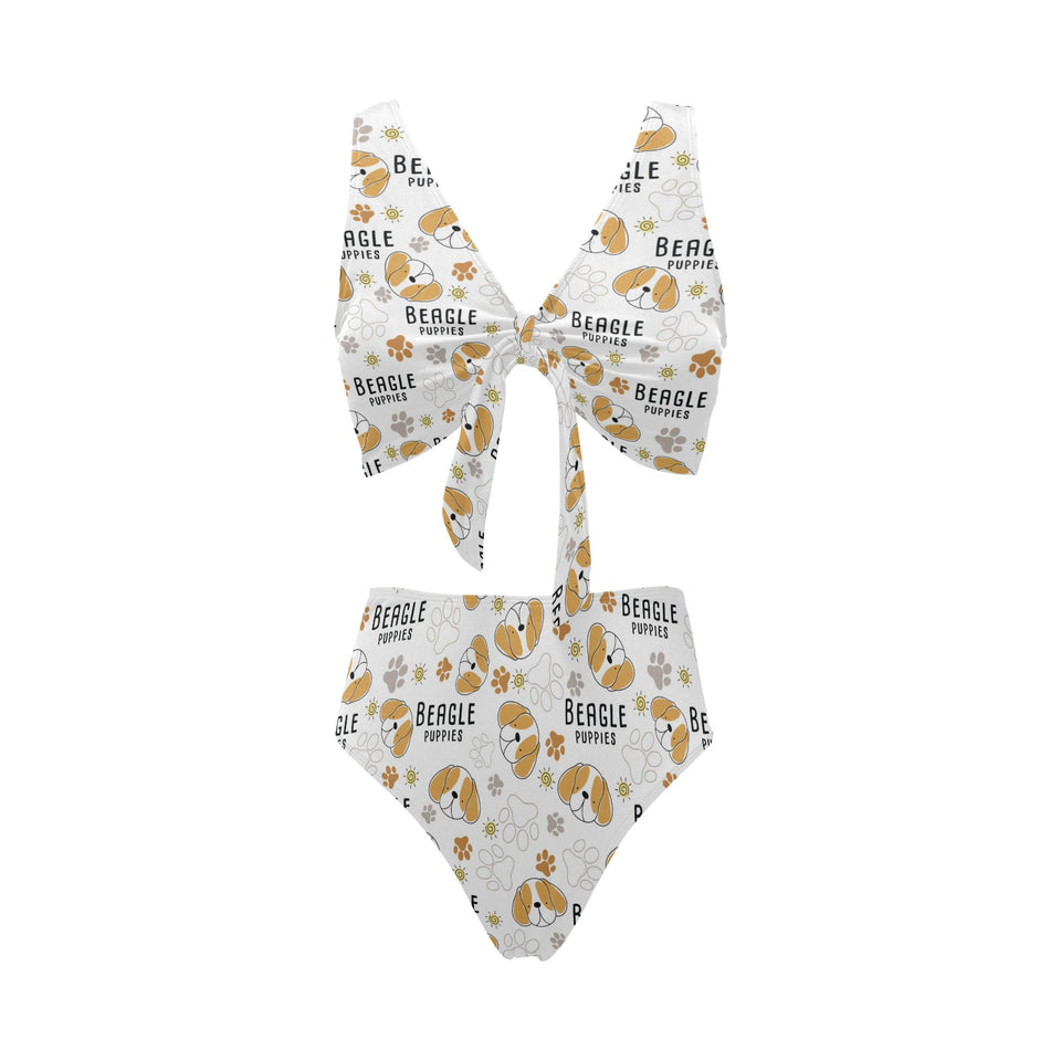 Cute beagle dog pattern background Chest Bowknot High Waisted Bikini Swimsuit