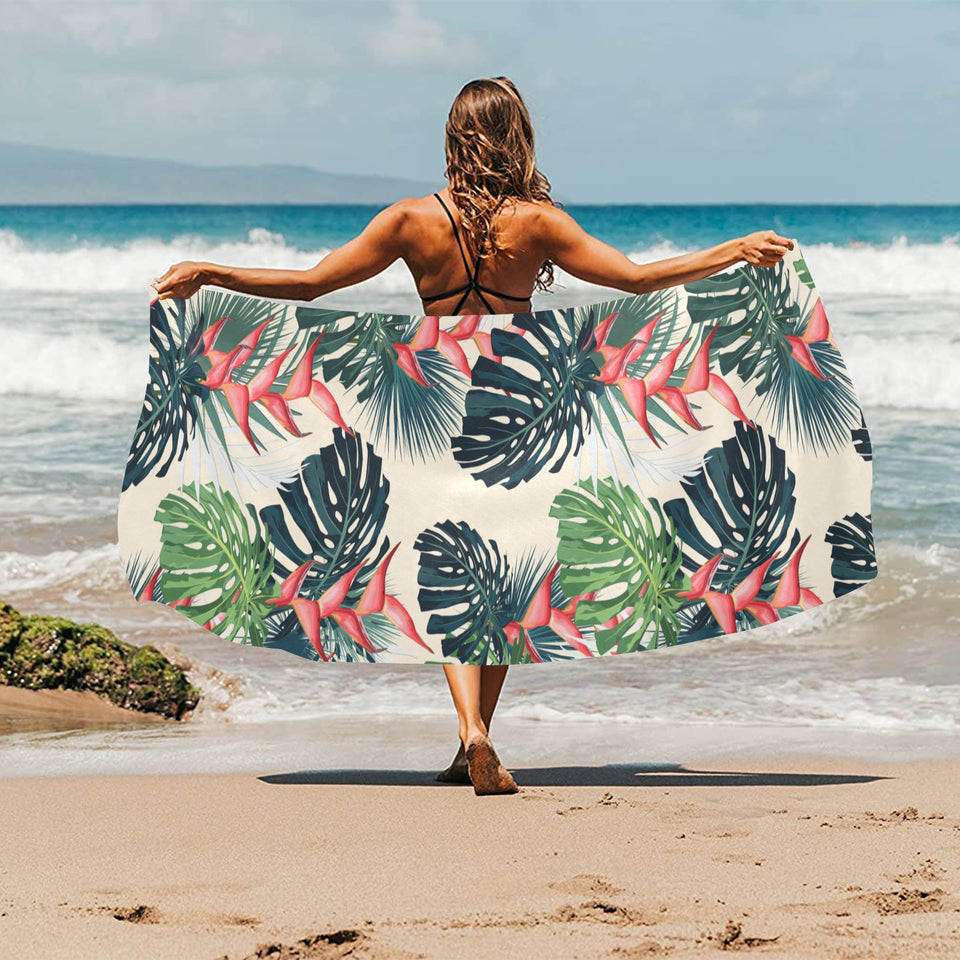heliconia flowers, palm and monstera leaves Beach Towel