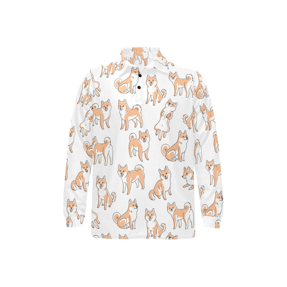 shiba inu dog pattern Men's Long Sleeve Polo Shirt
