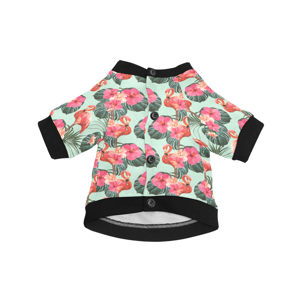 Beautiful flamingo tropical palm leaves hibiscus p All Over Print Pet Dog Round Neck Fuzzy Shirt
