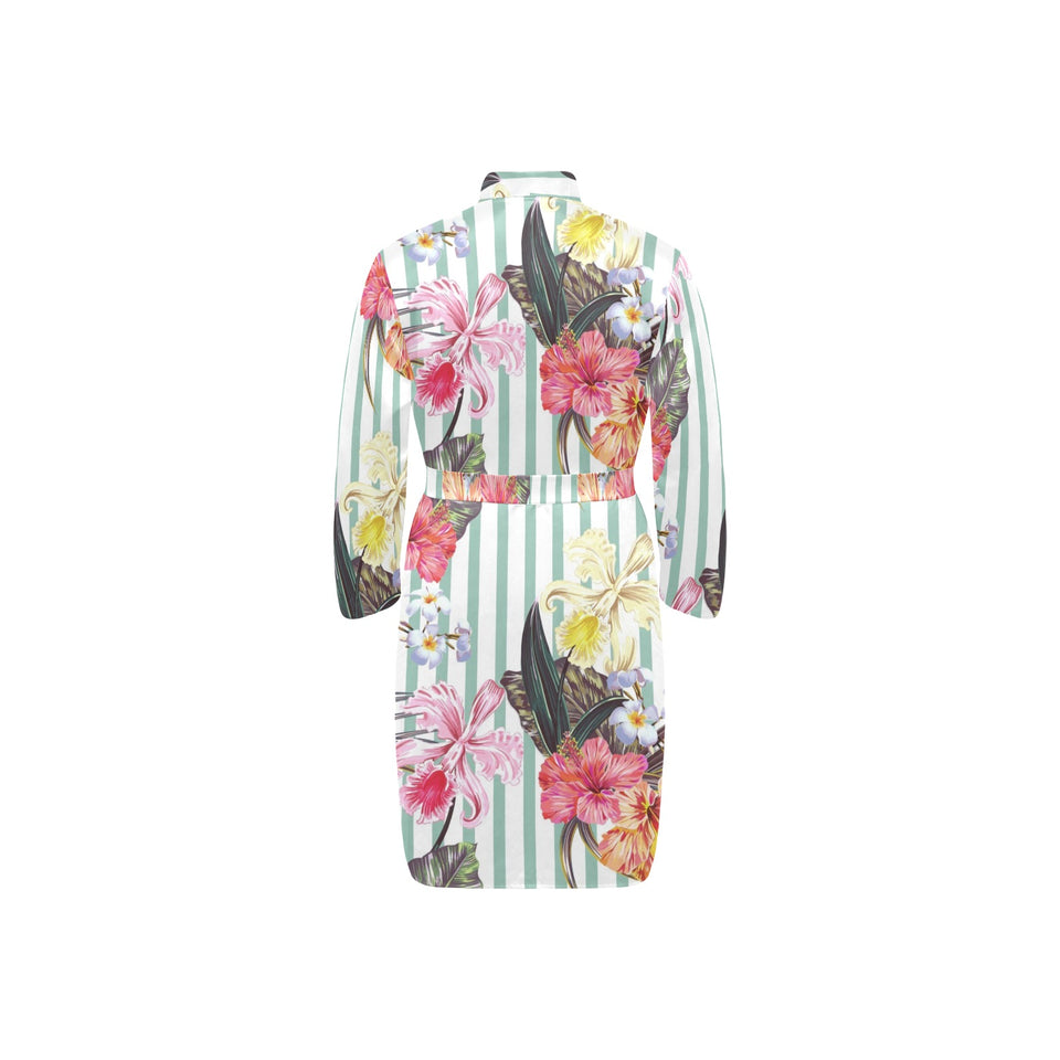 Colorful orchid flower pattern Men's Long Sleeve Belted Night Robe