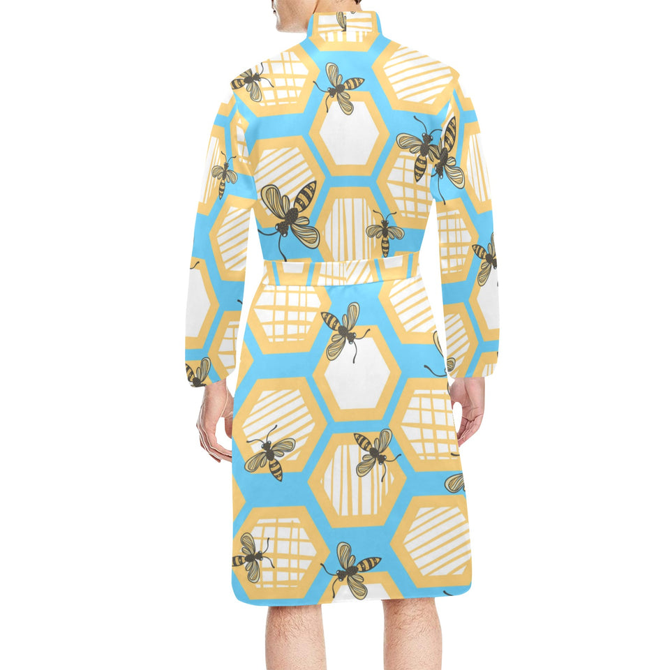 Bee honeycomb pattern Men's Long Sleeve Belted Night Robe
