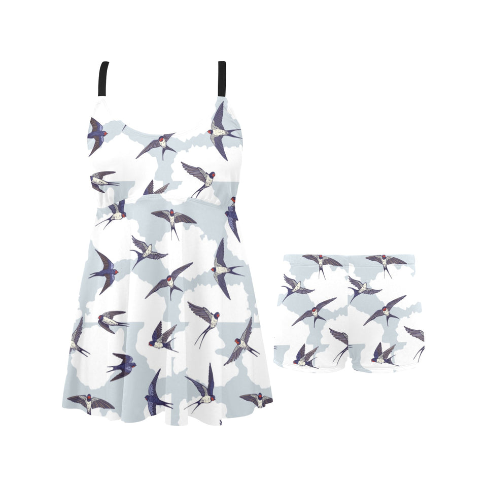 Swallow Pattern Print Design 05 Chest Sexy Pleated Two Piece Swim Dress