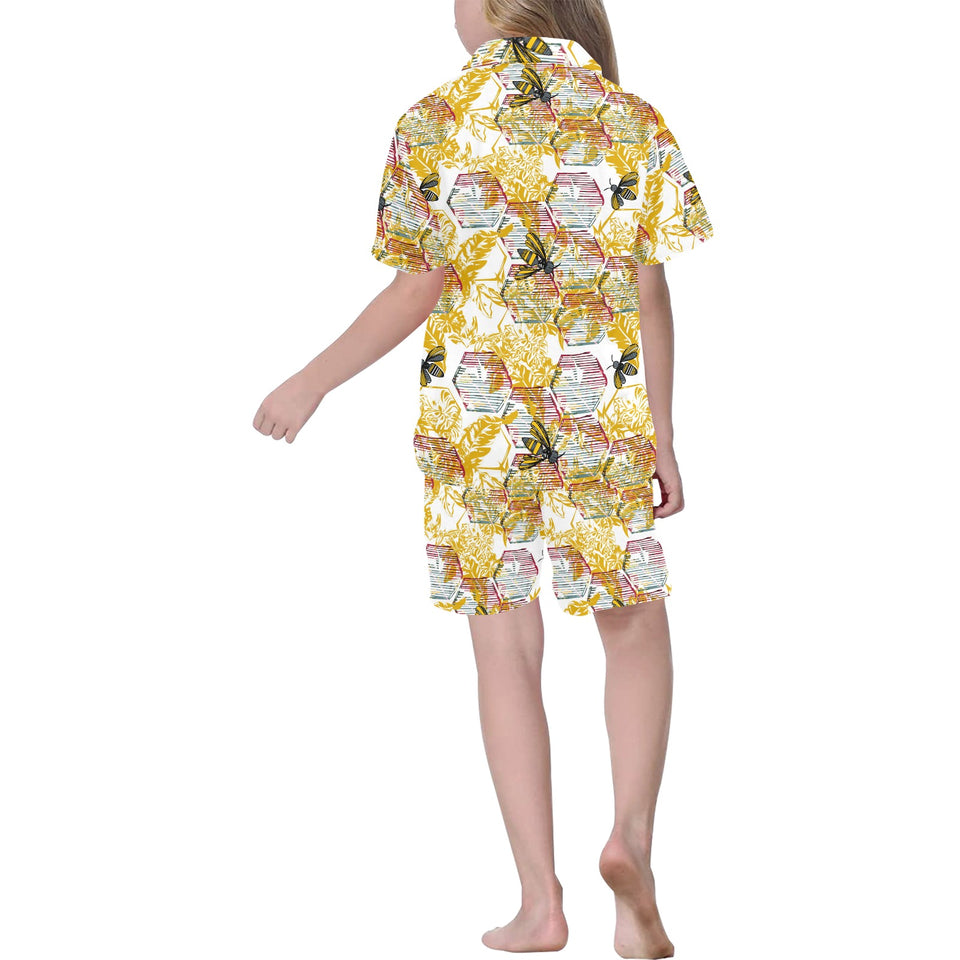 Cool Bee honeycomb leaves pattern Kids' Boys' Girls' V-Neck Short Pajama Set