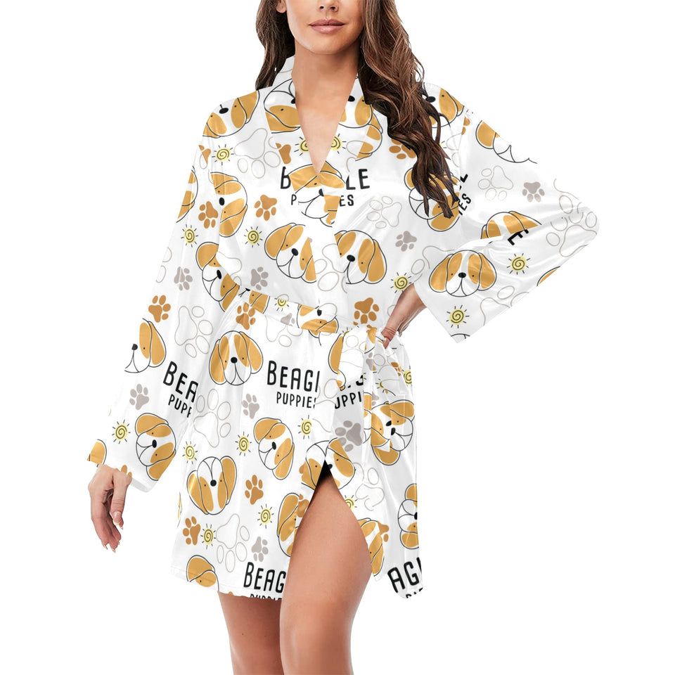 Cute beagle dog pattern background Women's Long Sleeve Belted Night Robe