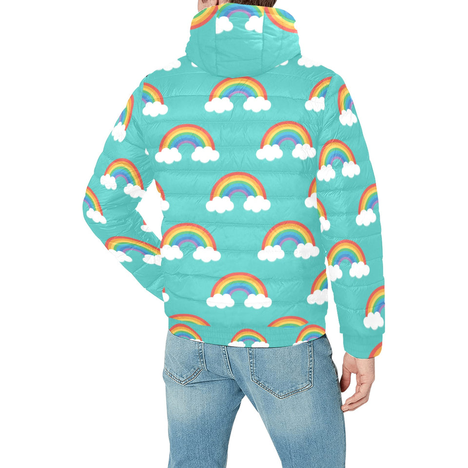 Rainbow pattern green background Men's Padded Hooded Jacket