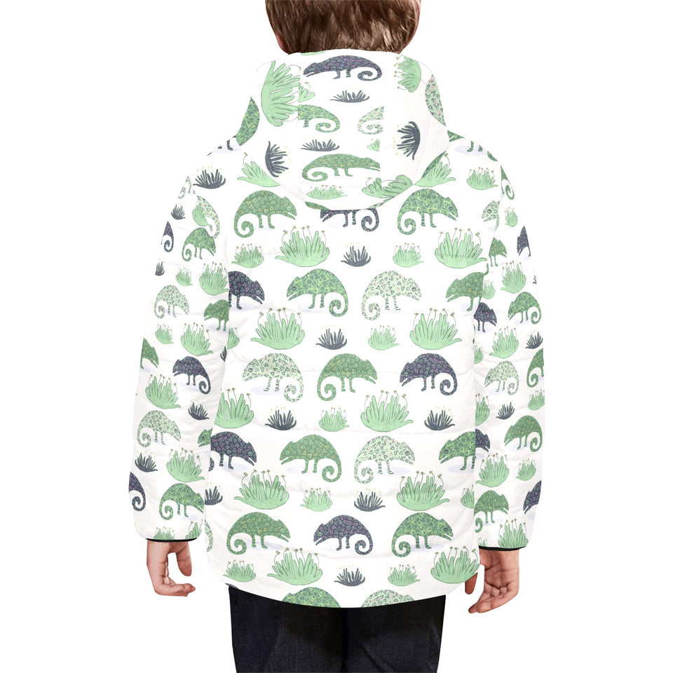 Chameleon lizard succulent plant pattern Kids' Boys' Girls' Padded Hooded Jacket