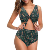 Snake forest pattern Chest Bowknot High Waisted Bikini Swimsuit