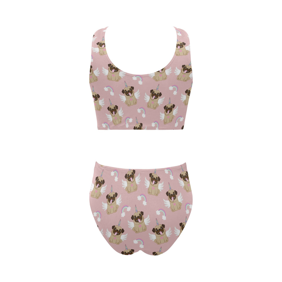 Cute unicorn pug pattern Chest Bowknot High Waisted Bikini Swimsuit