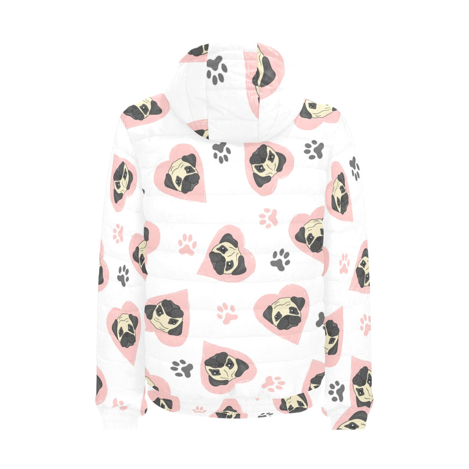 Cute pugs pink heart paw pattern Men's Padded Hooded Jacket