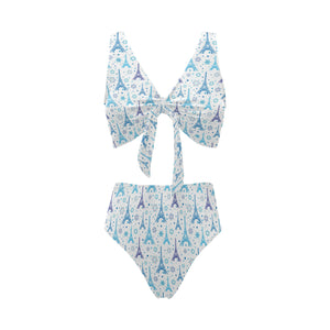 Blue Eiffel Tower Theme Pattern Print Design 01 Chest Bowknot High Waisted Bikini Swimsuit