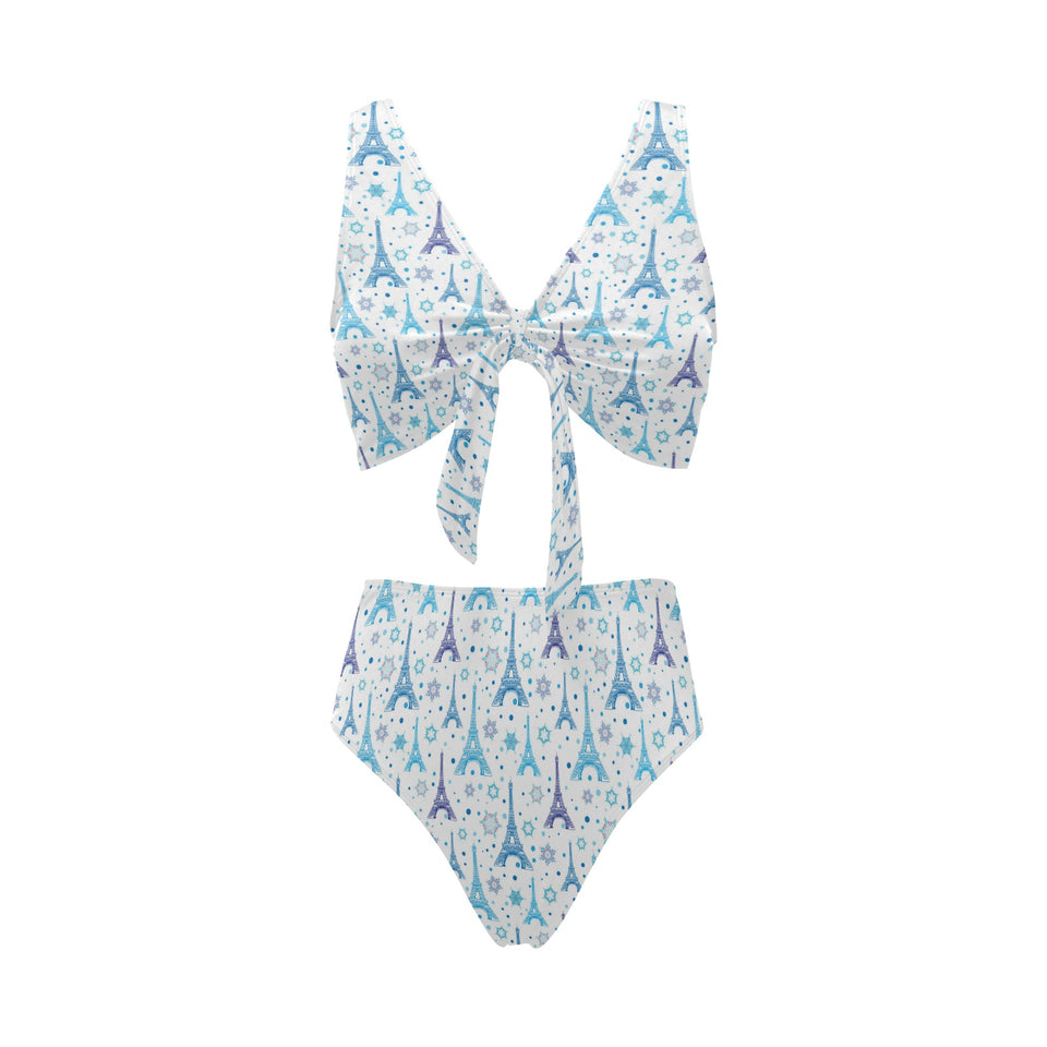 Blue Eiffel Tower Theme Pattern Print Design 01 Chest Bowknot High Waisted Bikini Swimsuit