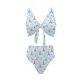 Blue Eiffel Tower Theme Pattern Print Design 01 Chest Bowknot High Waisted Bikini Swimsuit