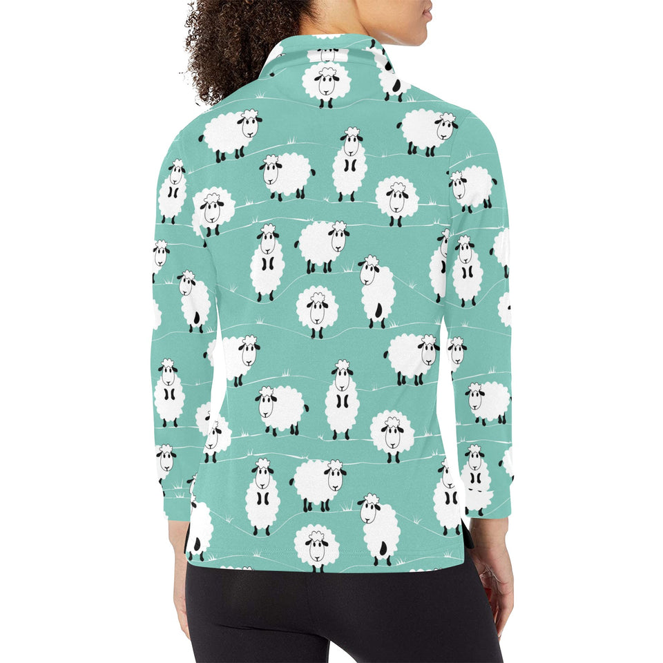 Cute sheep green background Women's Long Sleeve Polo Shirt