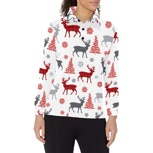 Deer tree snowflakes chrismas pattern Women's Long Sleeve Polo Shirt