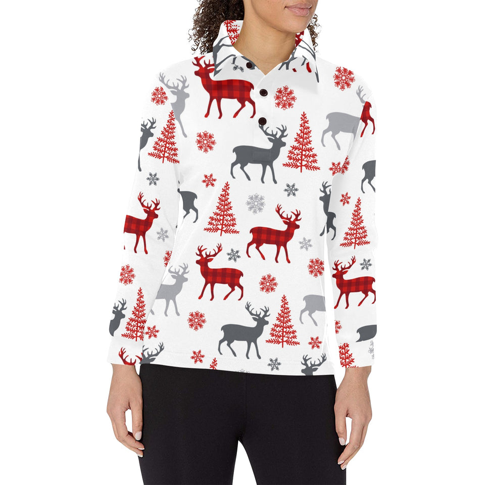 Deer tree snowflakes chrismas pattern Women's Long Sleeve Polo Shirt