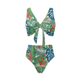 heliconia palm and monstera leaves pattern Chest Bowknot High Waisted Bikini Swimsuit