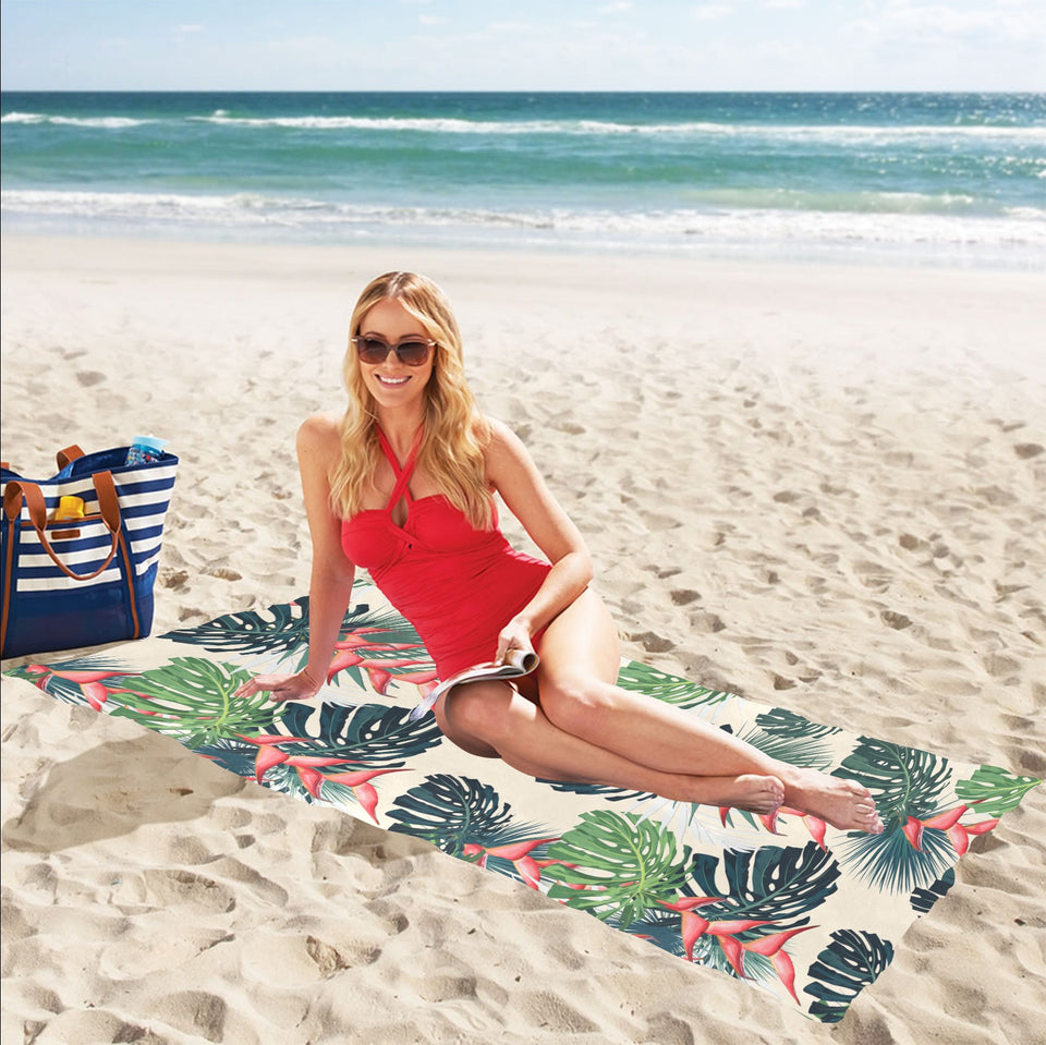 heliconia flowers, palm and monstera leaves Beach Towel