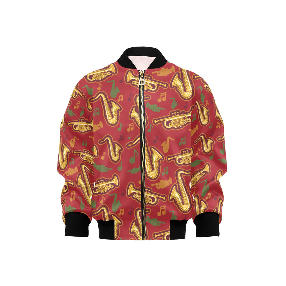Saxophone cornet pattern red background Kids' Boys' Girls' Bomber Jacket