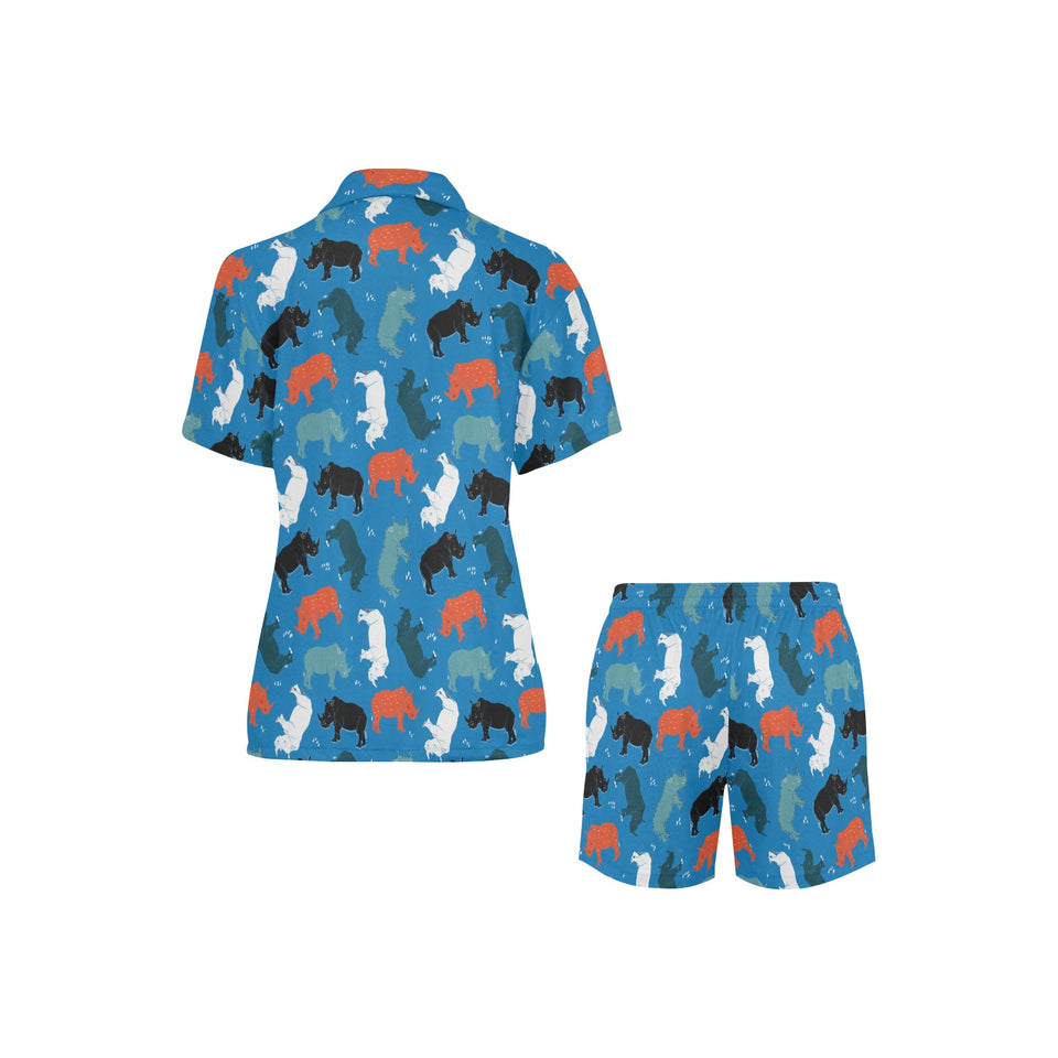 Colorful rhino pattern Women's V-Neck Short Pajama Set