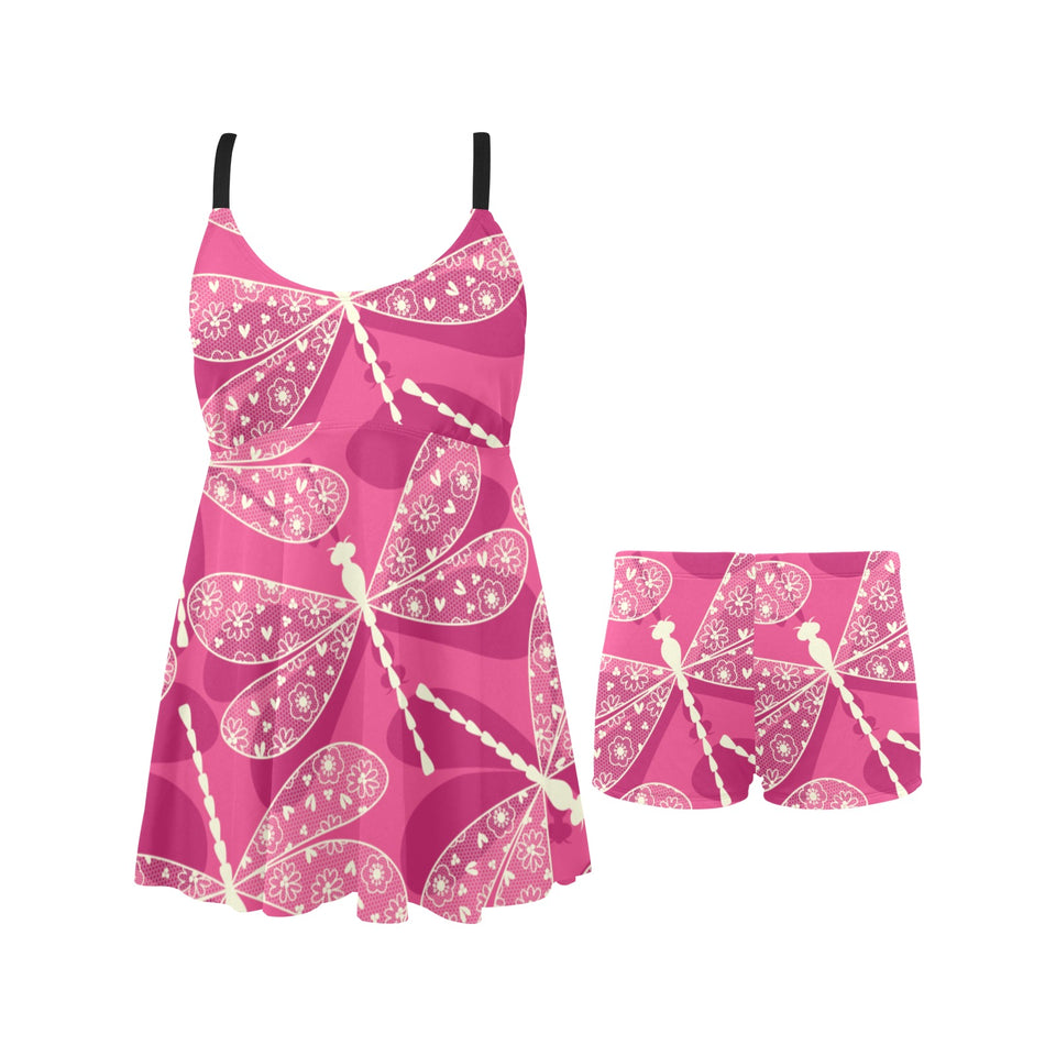 Beautiful dragonfly pink background Chest Sexy Pleated Two Piece Swim Dress