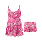 Beautiful dragonfly pink background Chest Sexy Pleated Two Piece Swim Dress