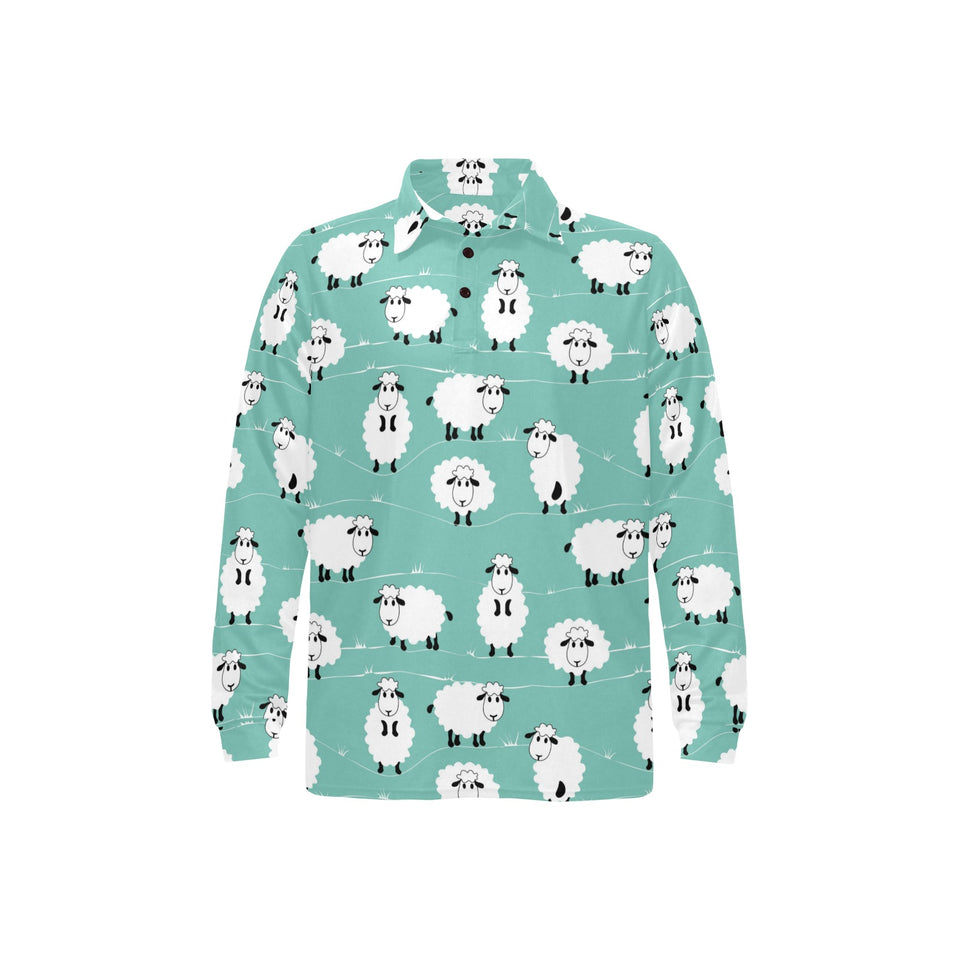 Cute sheep green background Men's Long Sleeve Polo Shirt