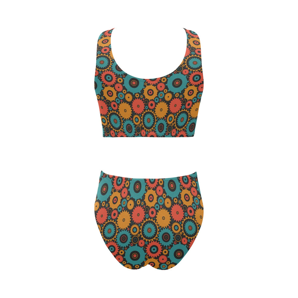 Gear Pattern Print Design 01 Chest Bowknot High Waisted Bikini Swimsuit