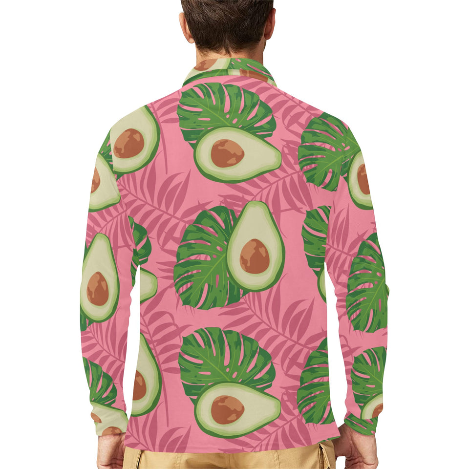 Avocado slices leaves pink back ground Men's Long Sleeve Polo Shirt