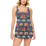 Camper Van Pattern Print Design 02 Chest Sexy Pleated Two Piece Swim Dress