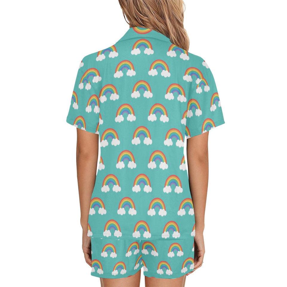 Rainbow pattern green background Women's V-Neck Short Pajama Set