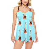 electric guitar pattern light blue background Chest Sexy Pleated Two Piece Swim Dress