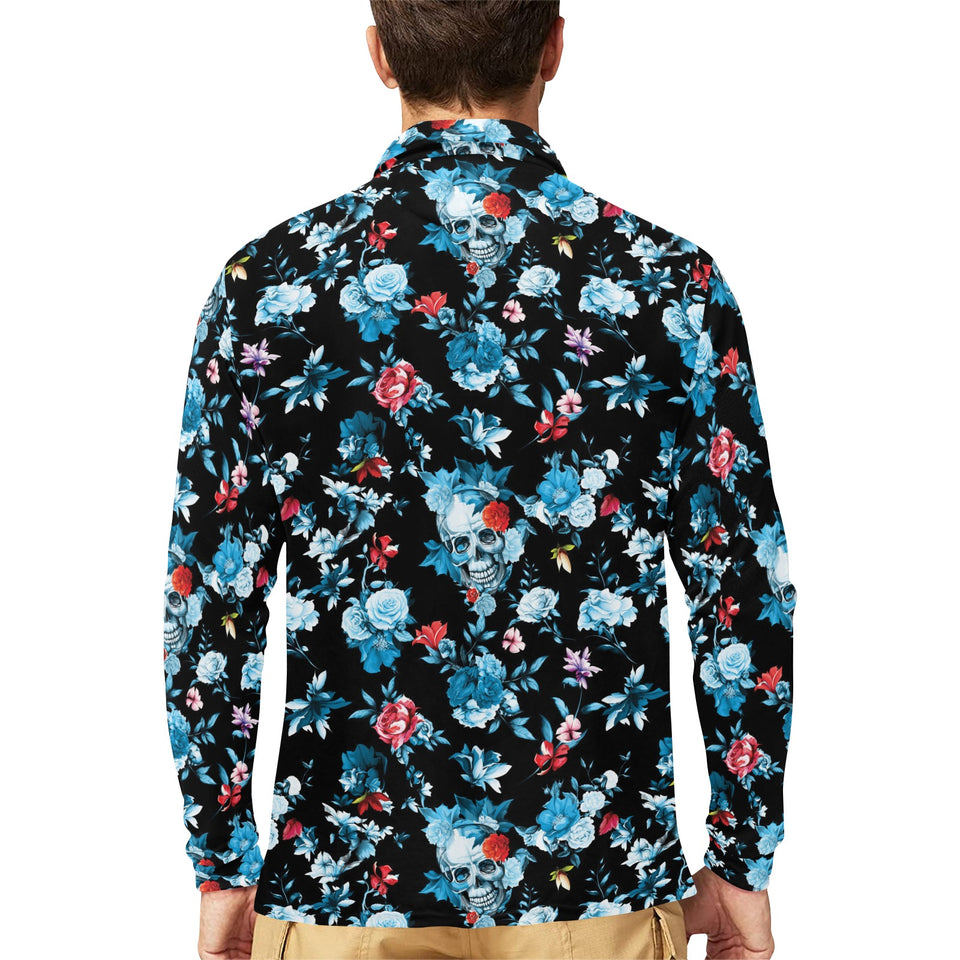 Skull flower roses leave pattern Men's Long Sleeve Polo Shirt