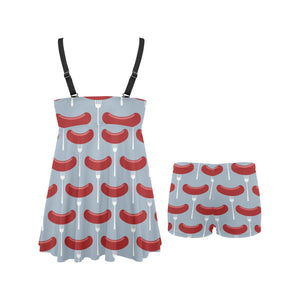 Sausage Pattern Print Design 02 Chest Sexy Pleated Two Piece Swim Dress
