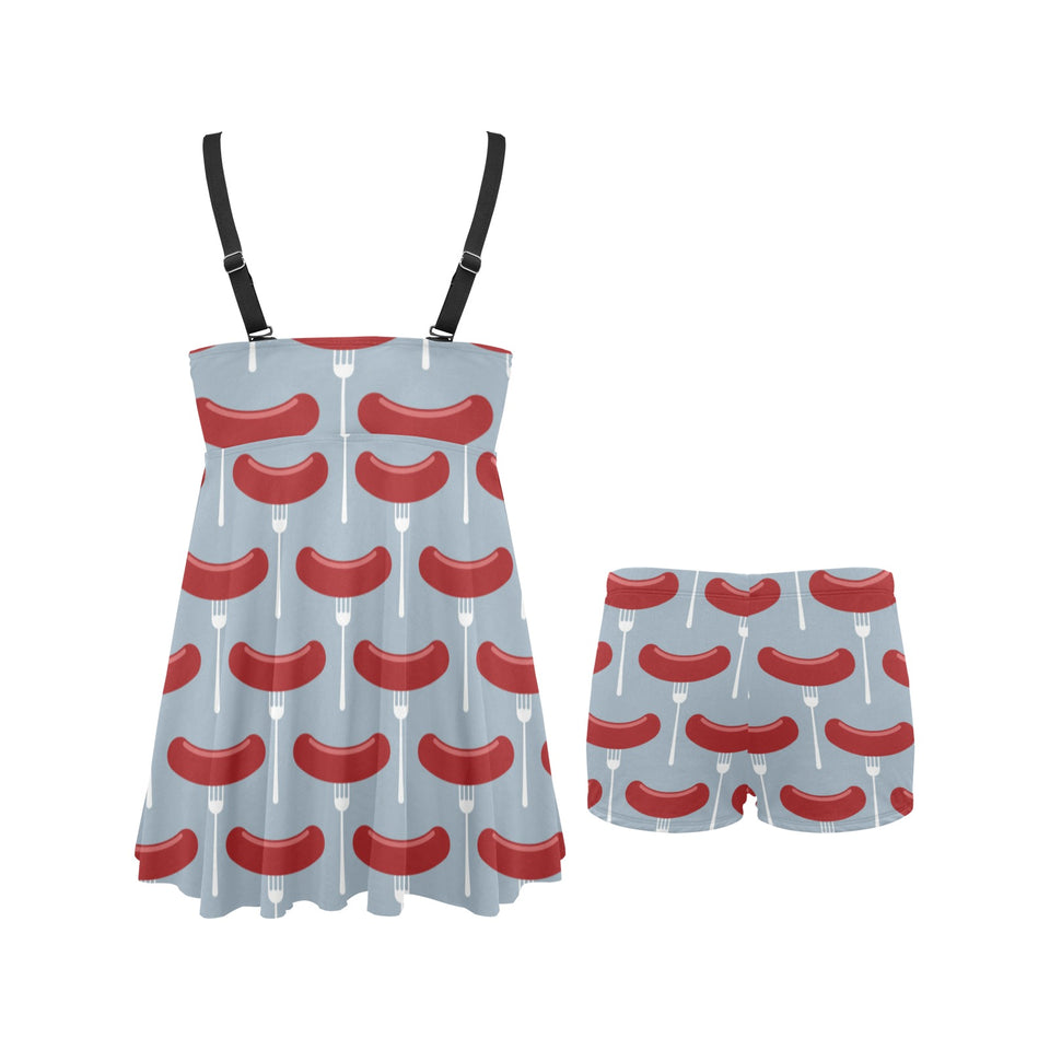 Sausage Pattern Print Design 02 Chest Sexy Pleated Two Piece Swim Dress