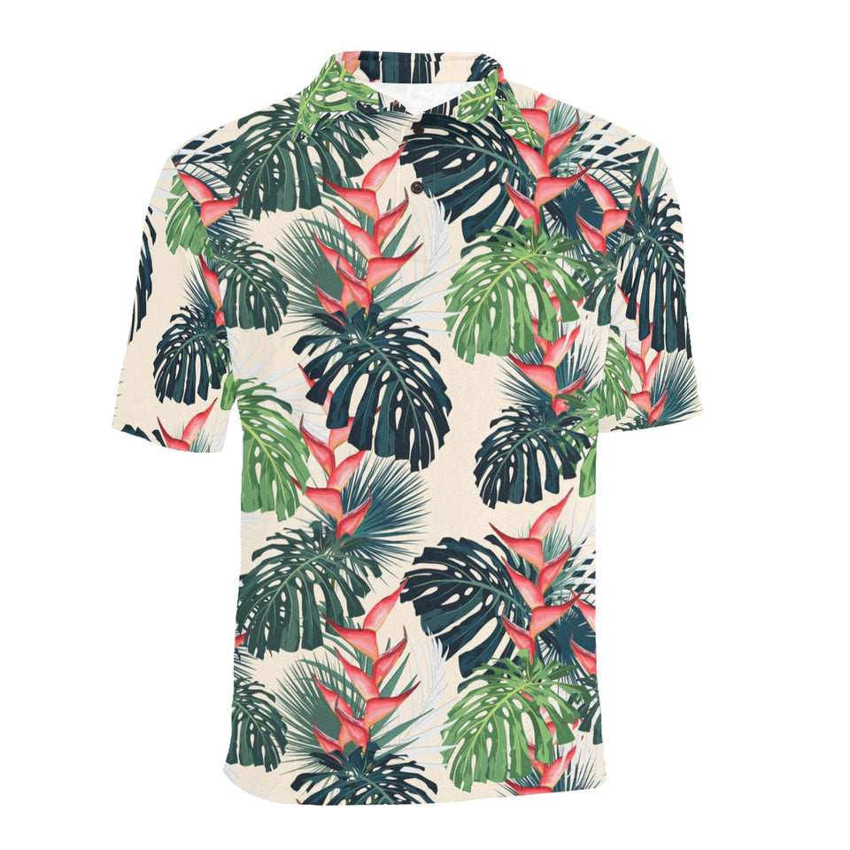 heliconia flowers, palm and monstera leaves Men's All Over Print Polo Shirt